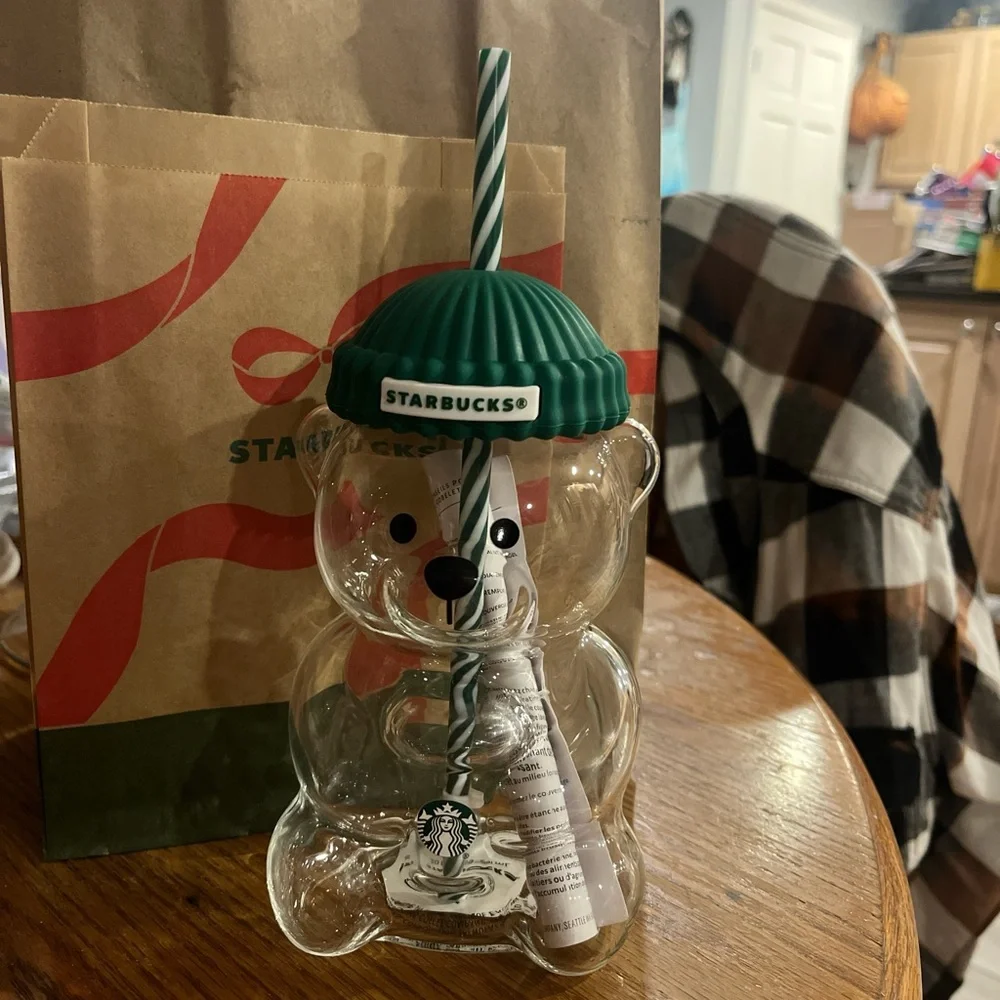 Starbucks Bear Glass with Green Top and Straw